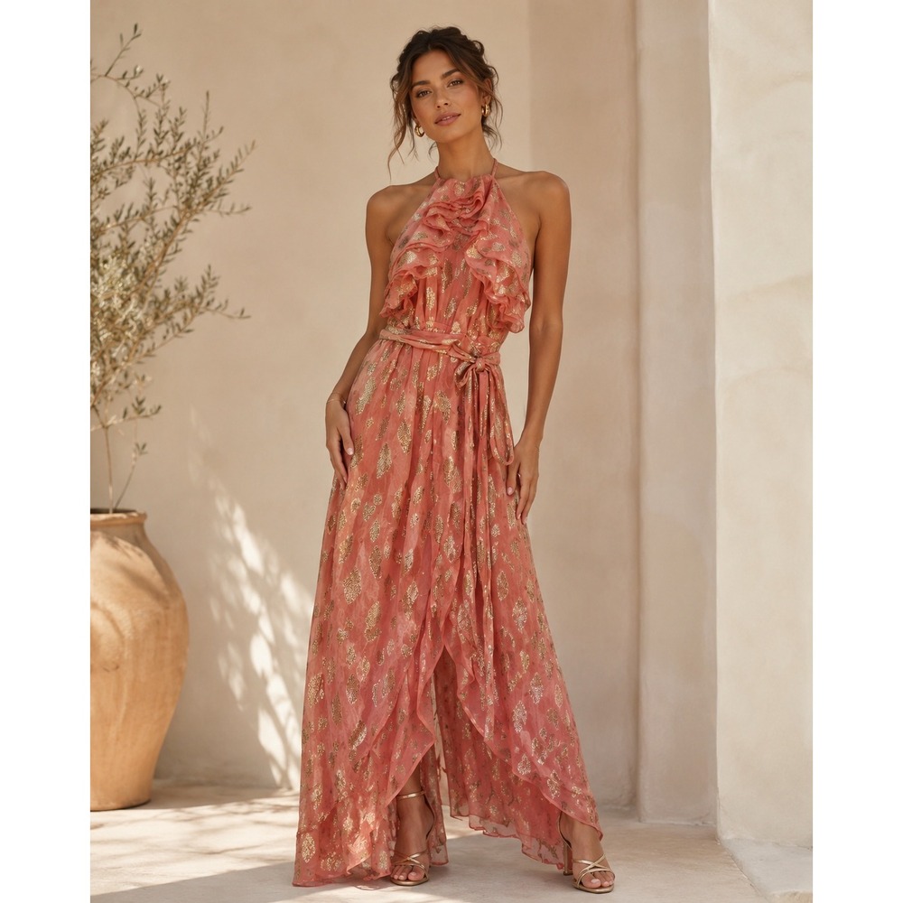 Sundress Orange Gold Metallic Fil Coupe Ruffle Halter Maxi Dress Size Large NWT